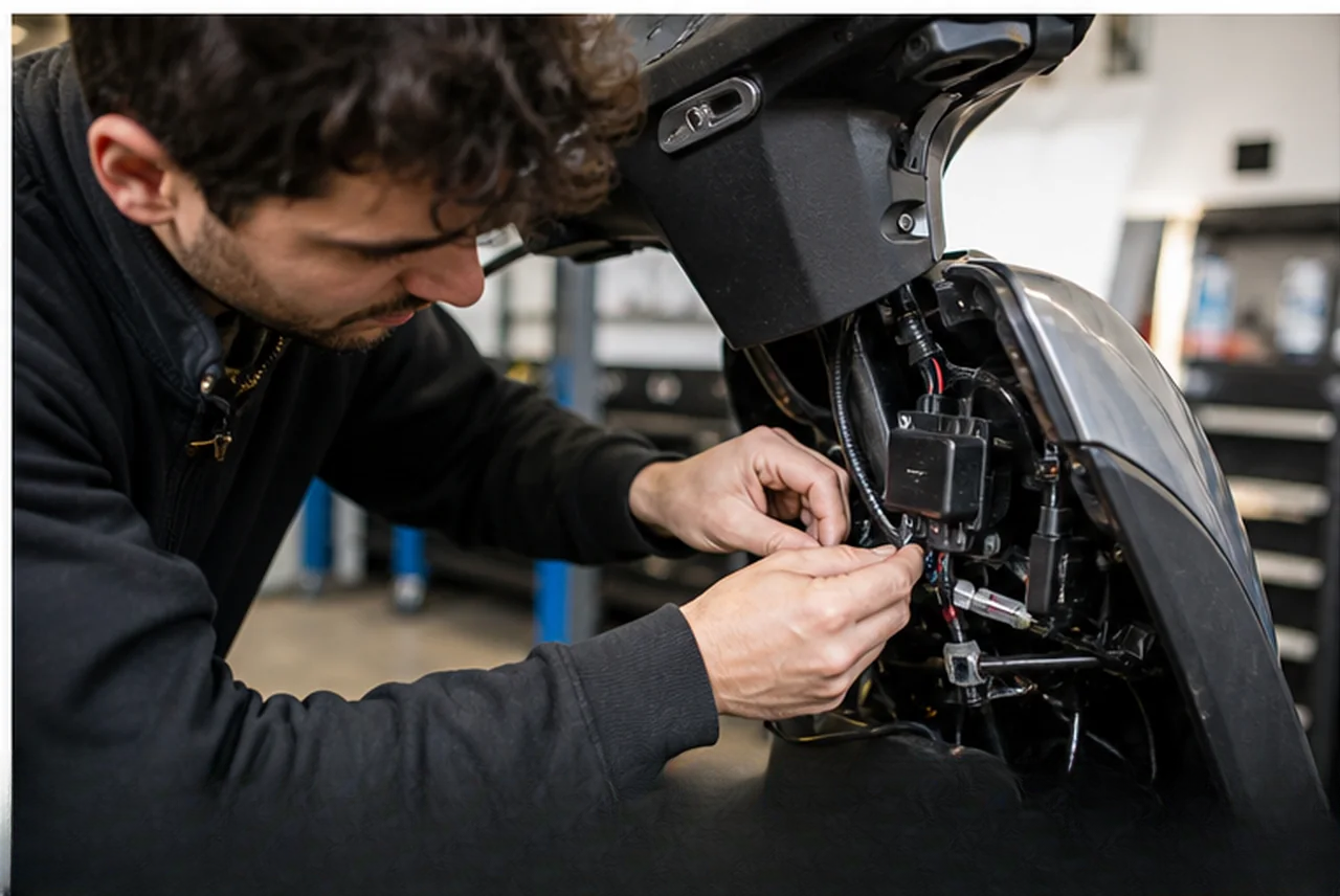 Technician checking a compact tracker installation on a light vehicle