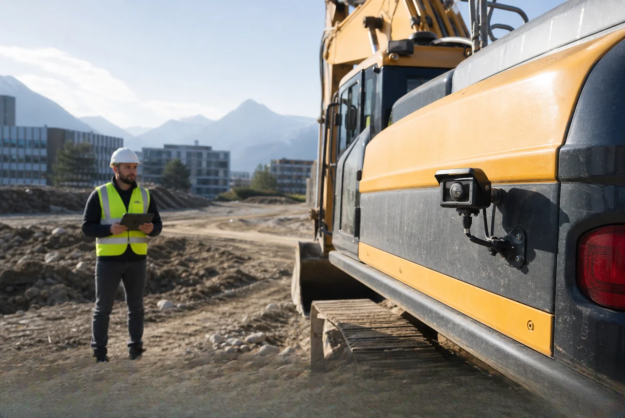 Construction-site worker reviewing an excavator beside a mounted camera