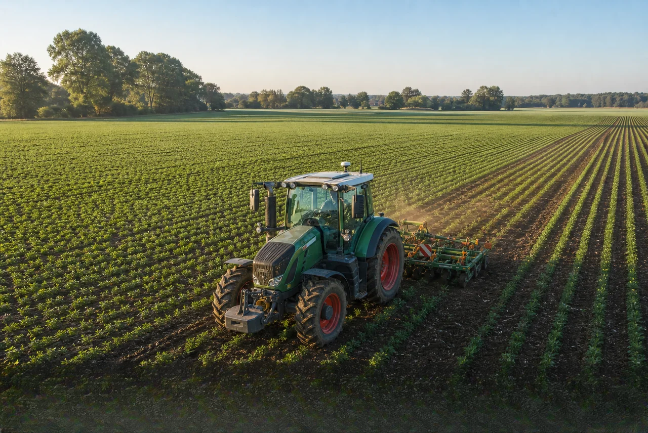 Agricultural tractor working across a field under open sky