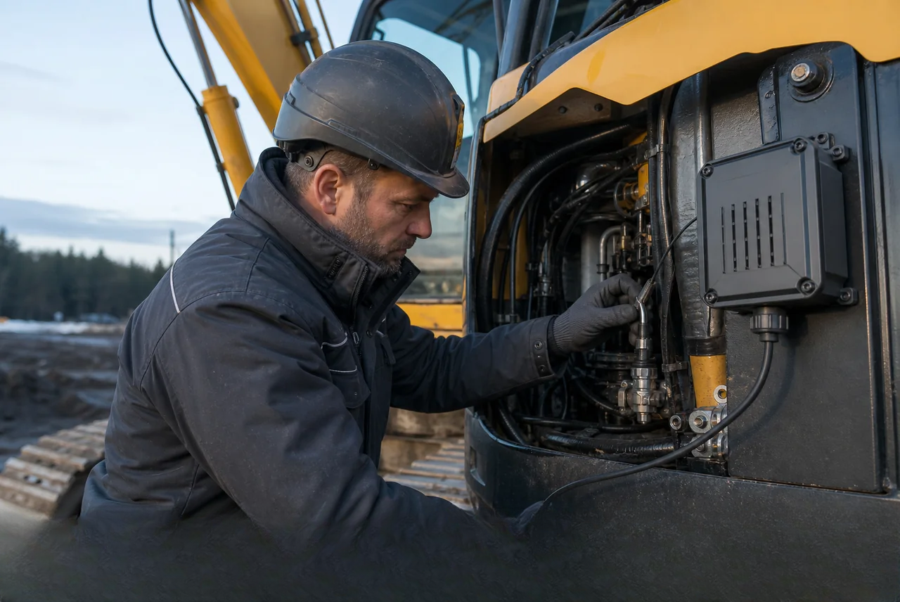 Technician inspecting a machine-side connection in protective workwear