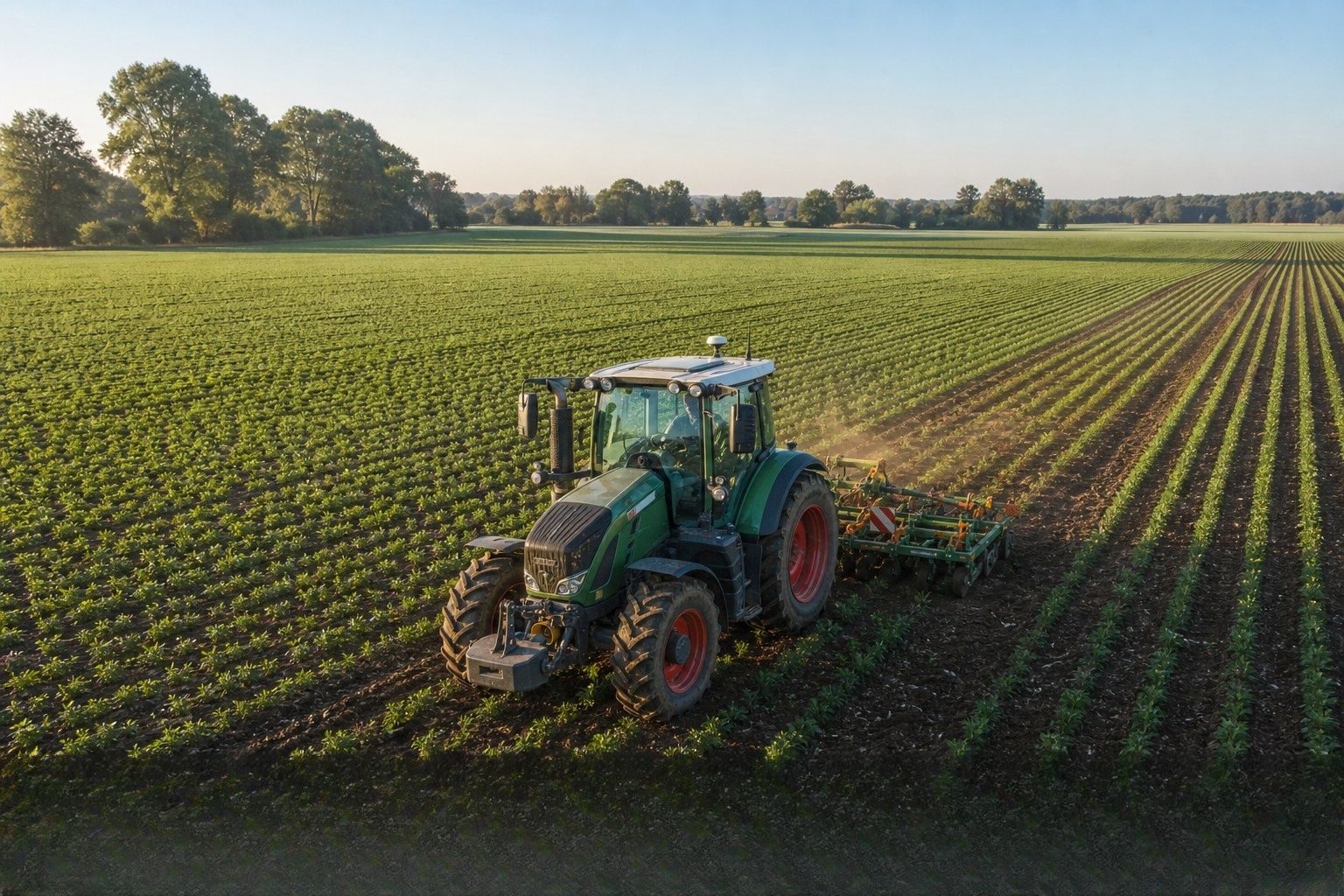 Green tractor working across planted field