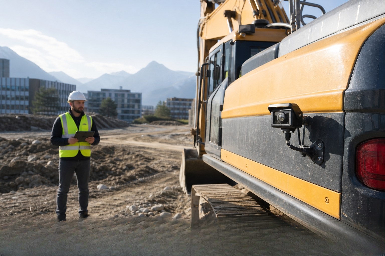 Worker holding a tablet beside an excavator