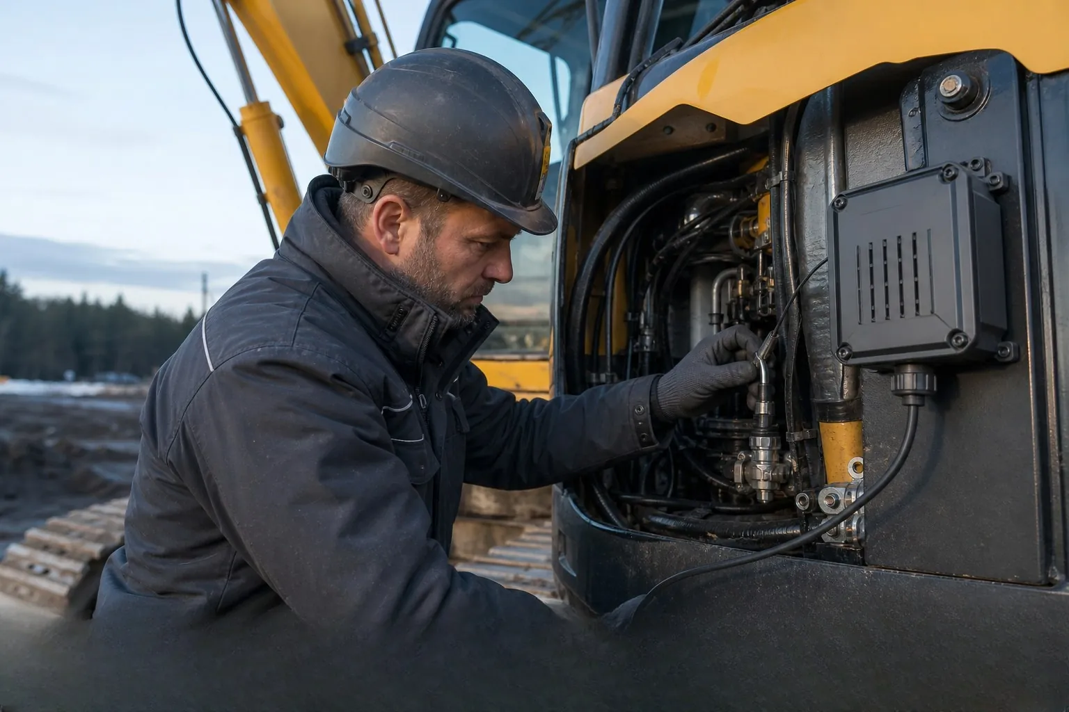Tracker being installed in the engine bay of an excavator
