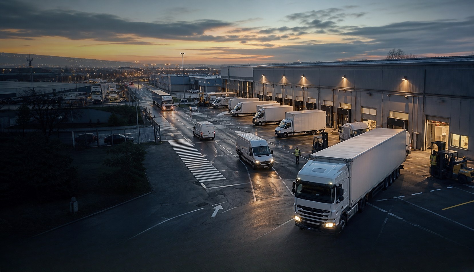 Fleet trucks and vans parked at a lit depot