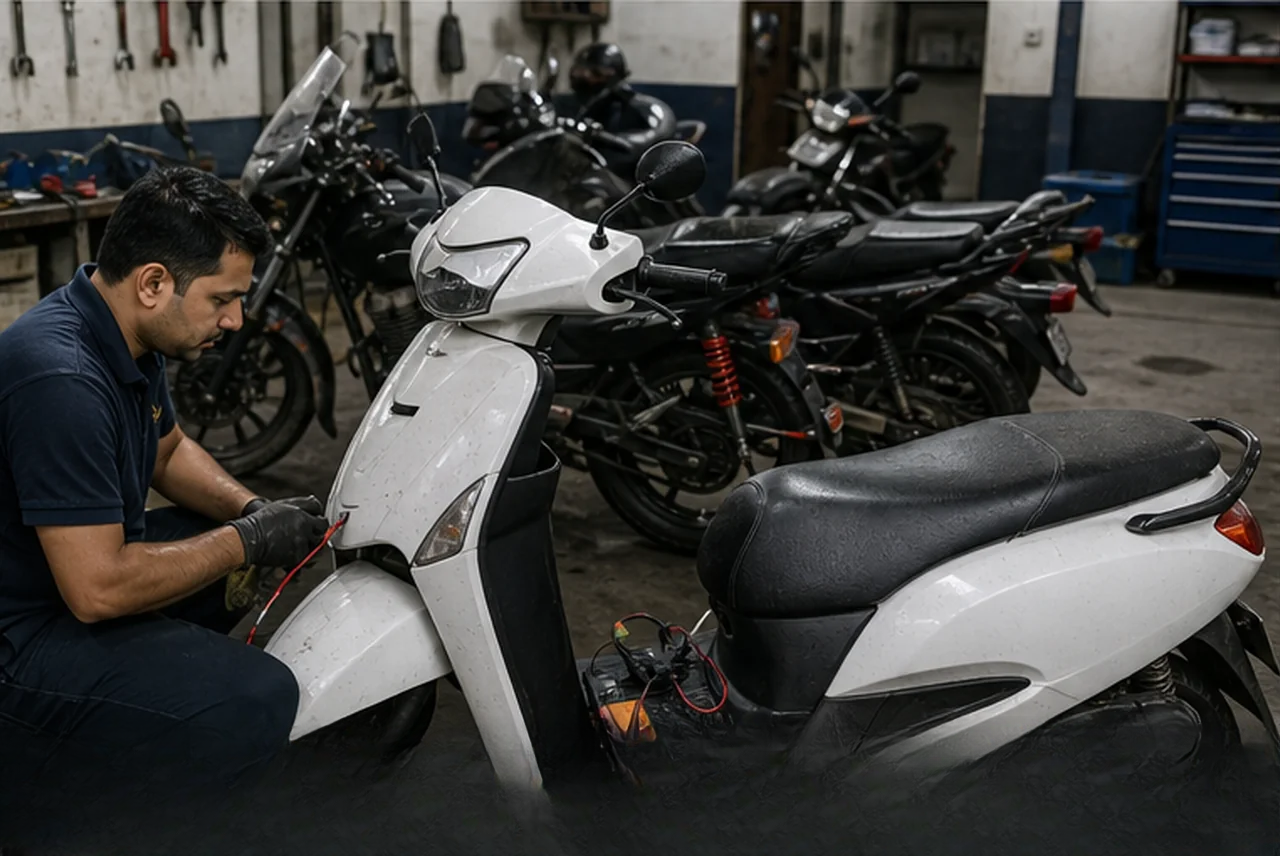 Technician working on a white scooter