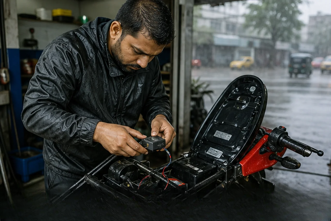 Technician securing a tracker during a wet two-wheeler installation