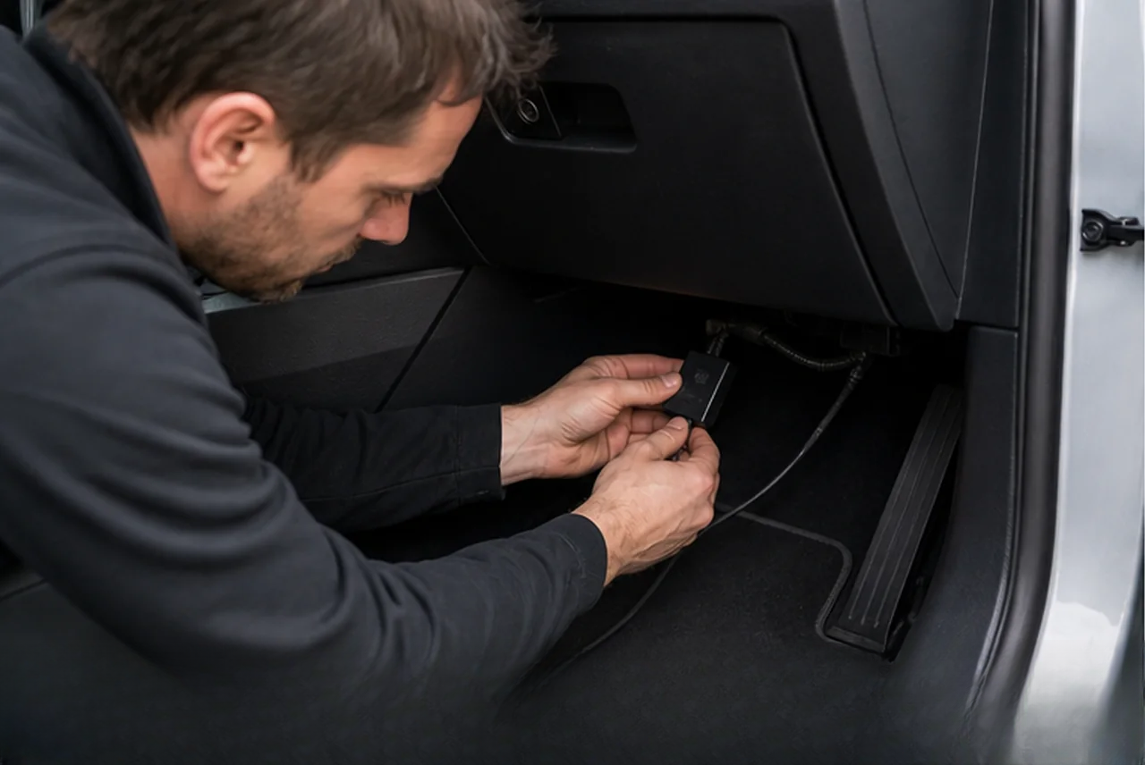 Technician placing a compact tracker in a discreet vehicle position