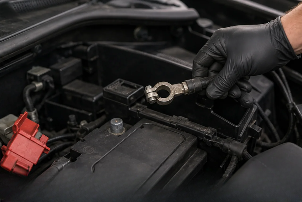 Technician checking a vehicle power interruption during installation
