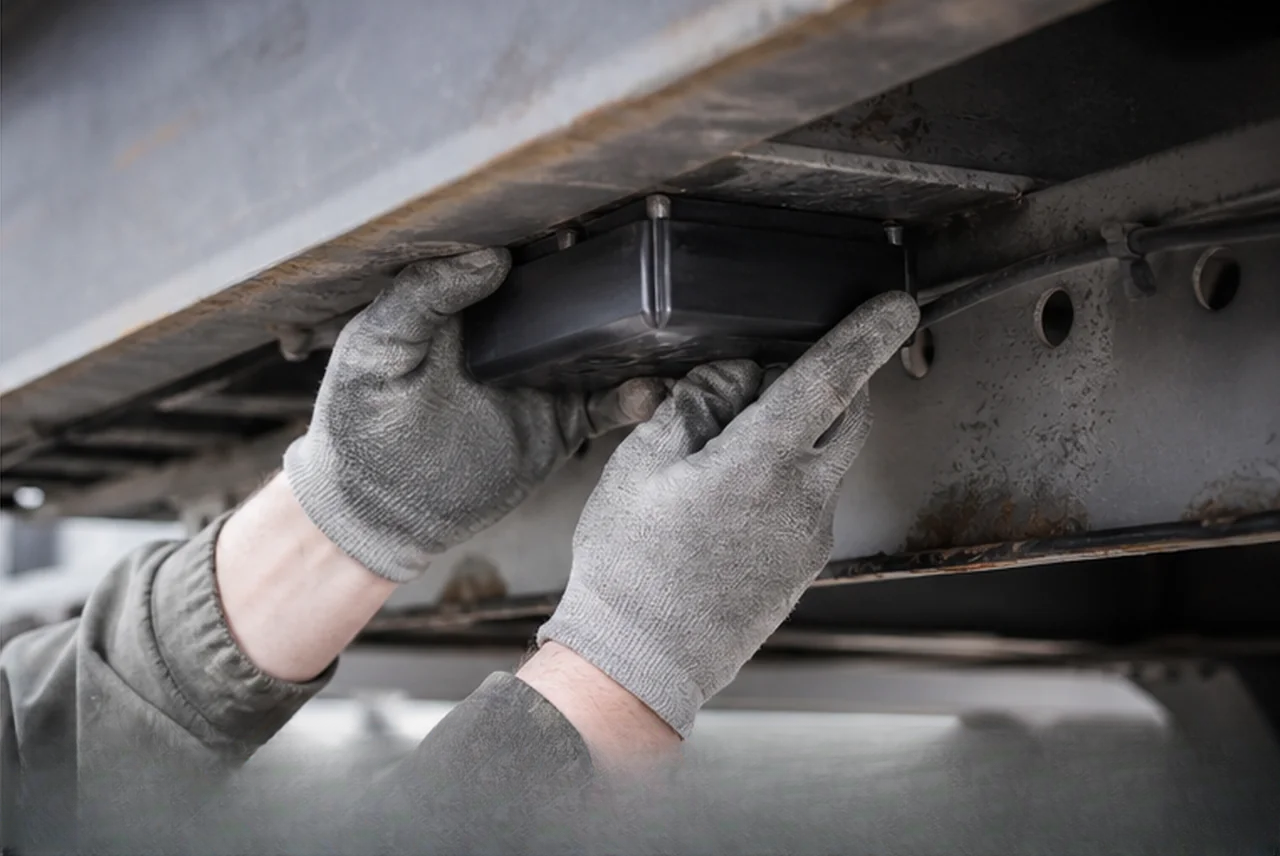 Technician placing a magnetic asset tracker on a trailer surface