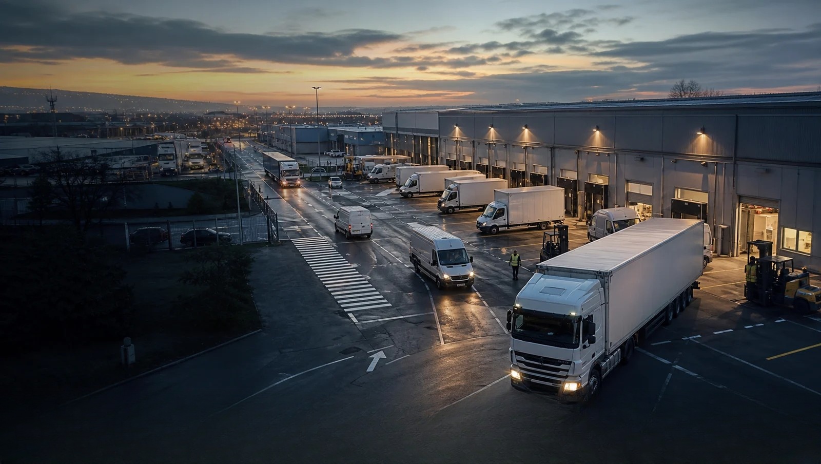 Box trucks and vans moving through an industrial yard at dusk