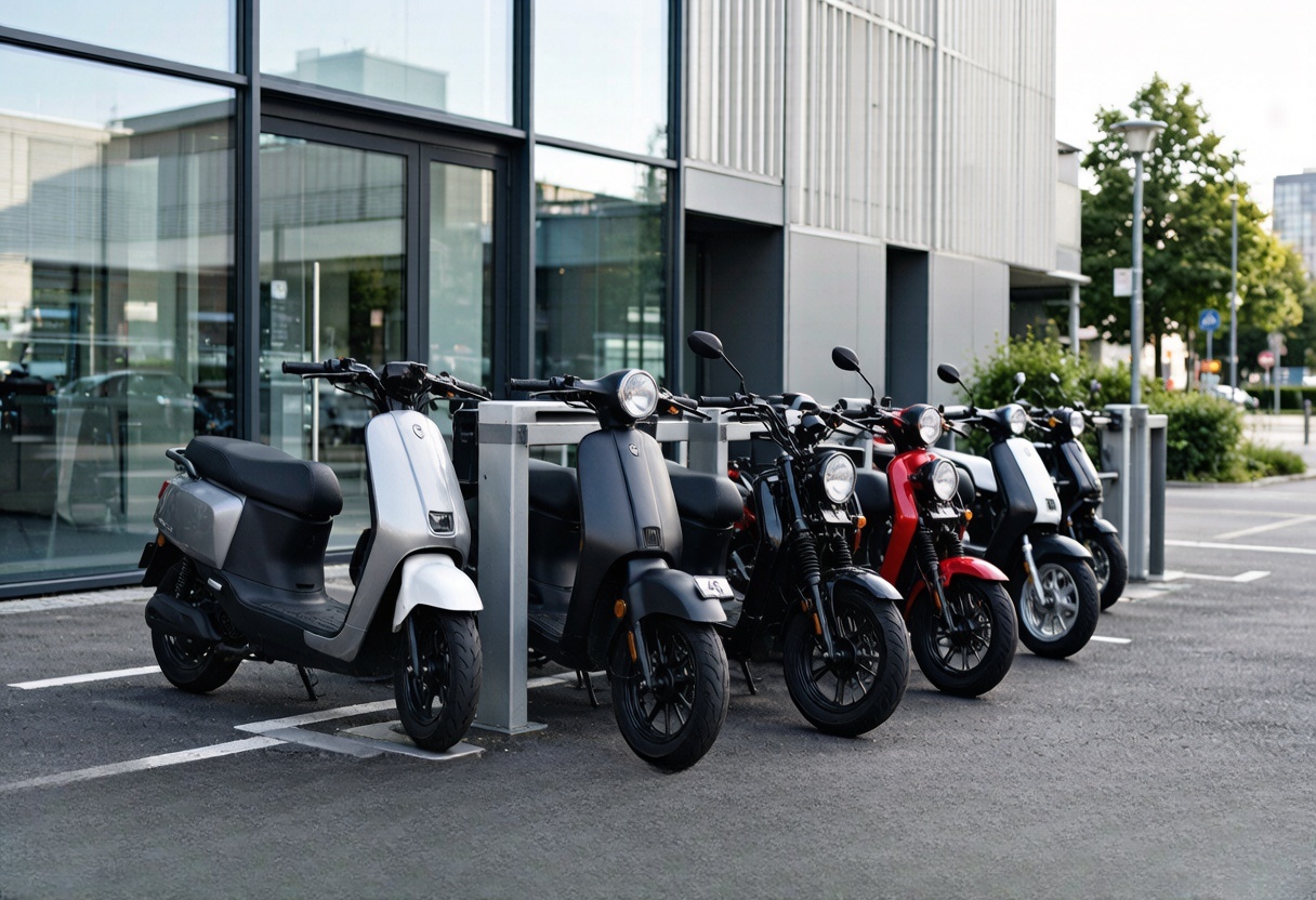 Scooters parked outside a glass-fronted building
