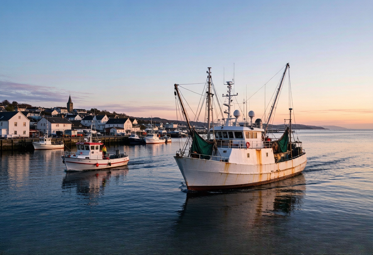 Fishing boats moored beside a coastal village