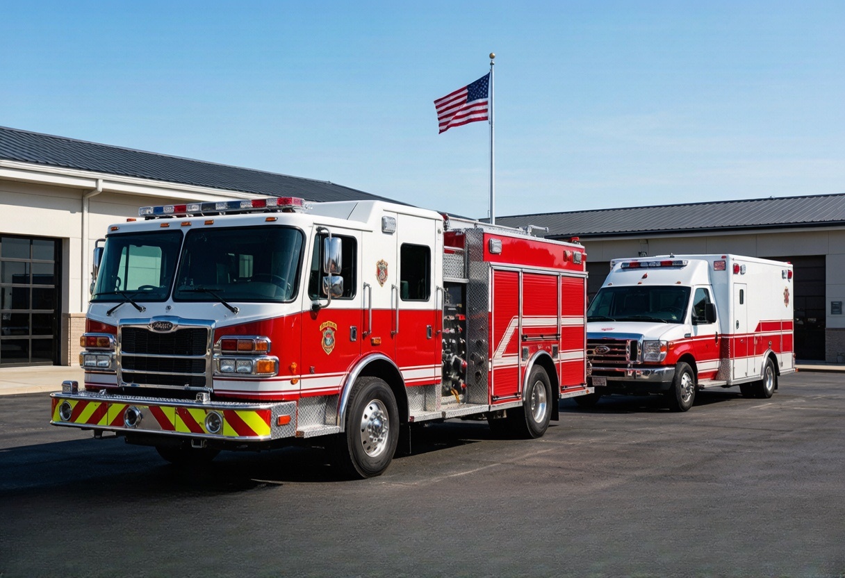 Fire engines and an ambulance outside a station