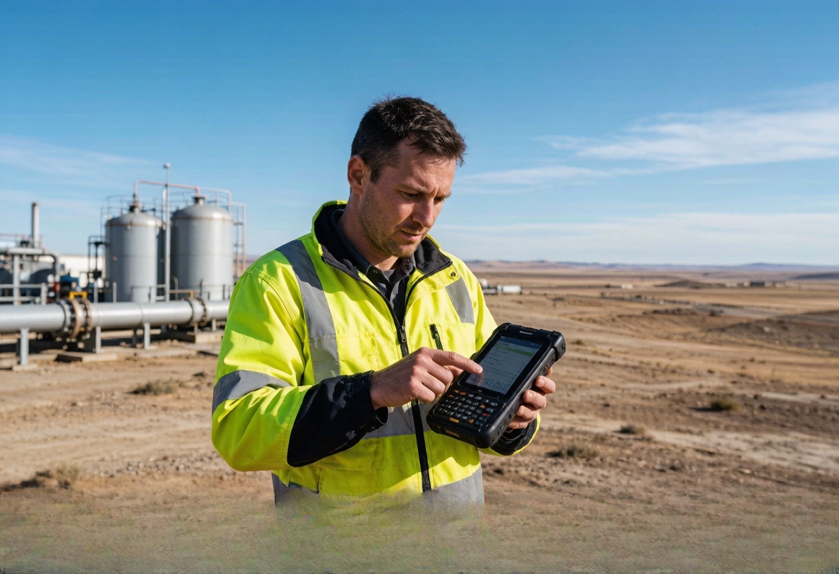 Field worker holding a rugged handheld terminal