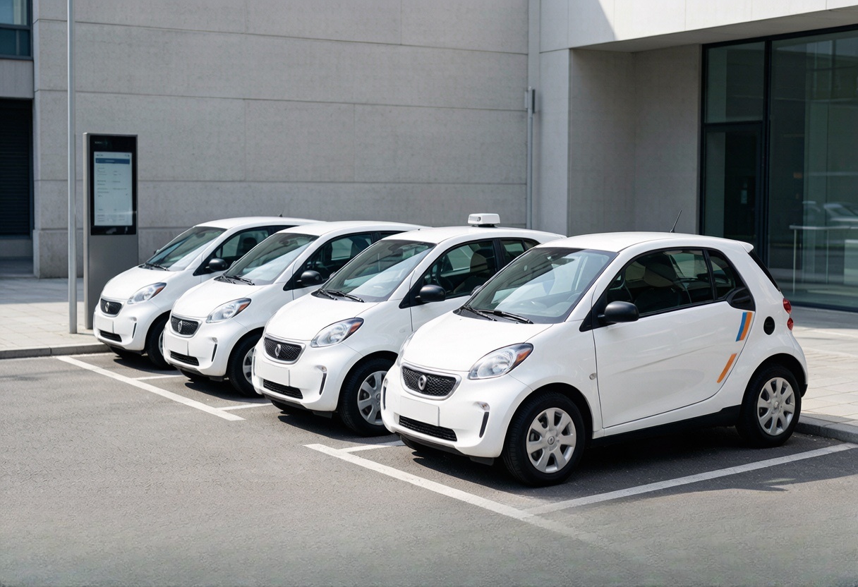 White cars parked outside a modern building