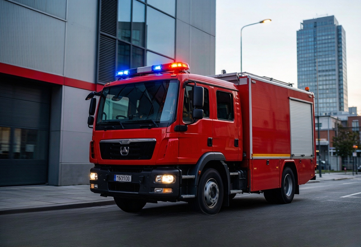 Red fire truck parked beside city buildings