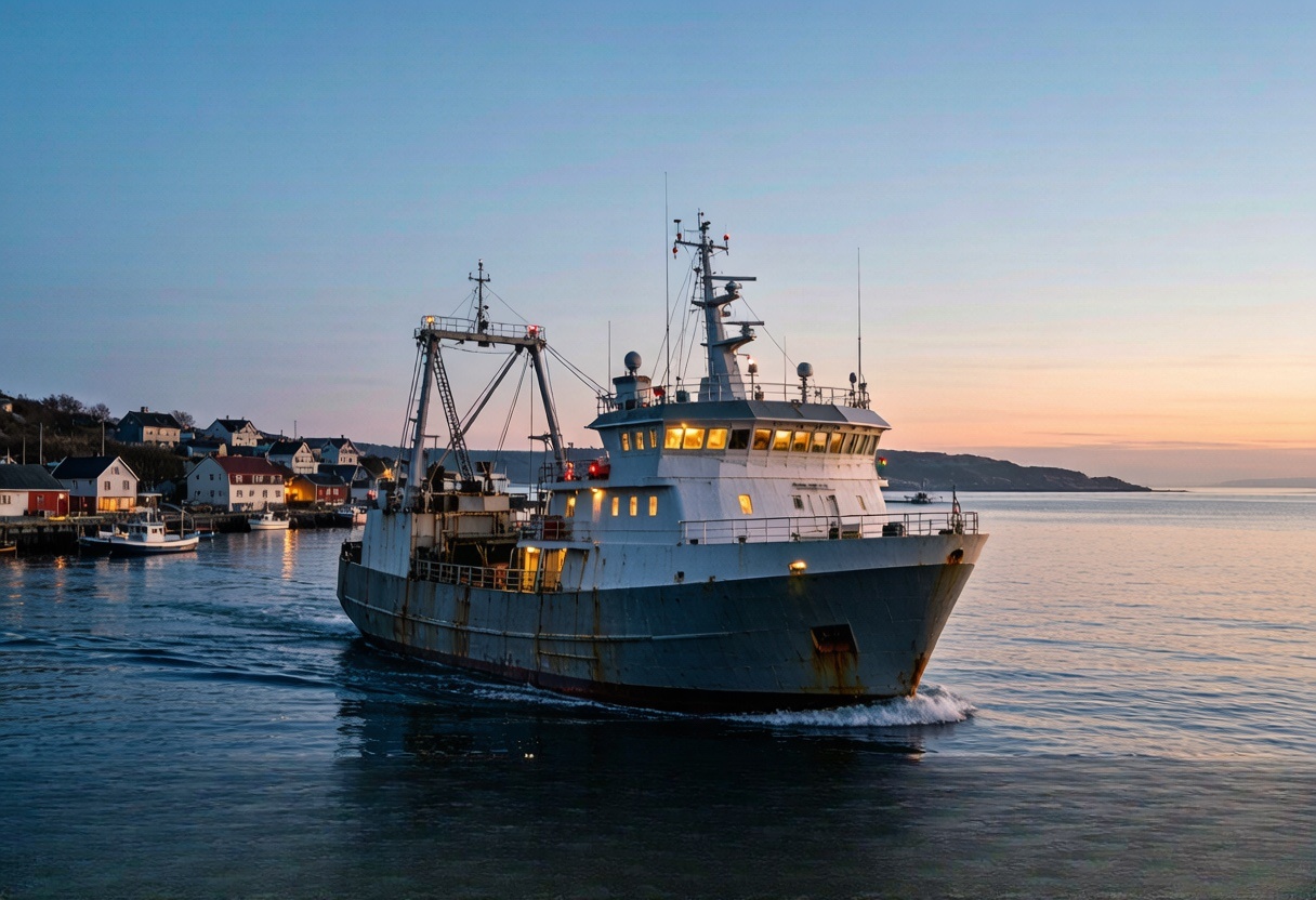 Fishing vessel moving through calm coastal water