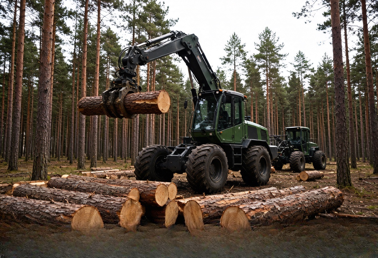 Forestry machine lifting a log among pine trees