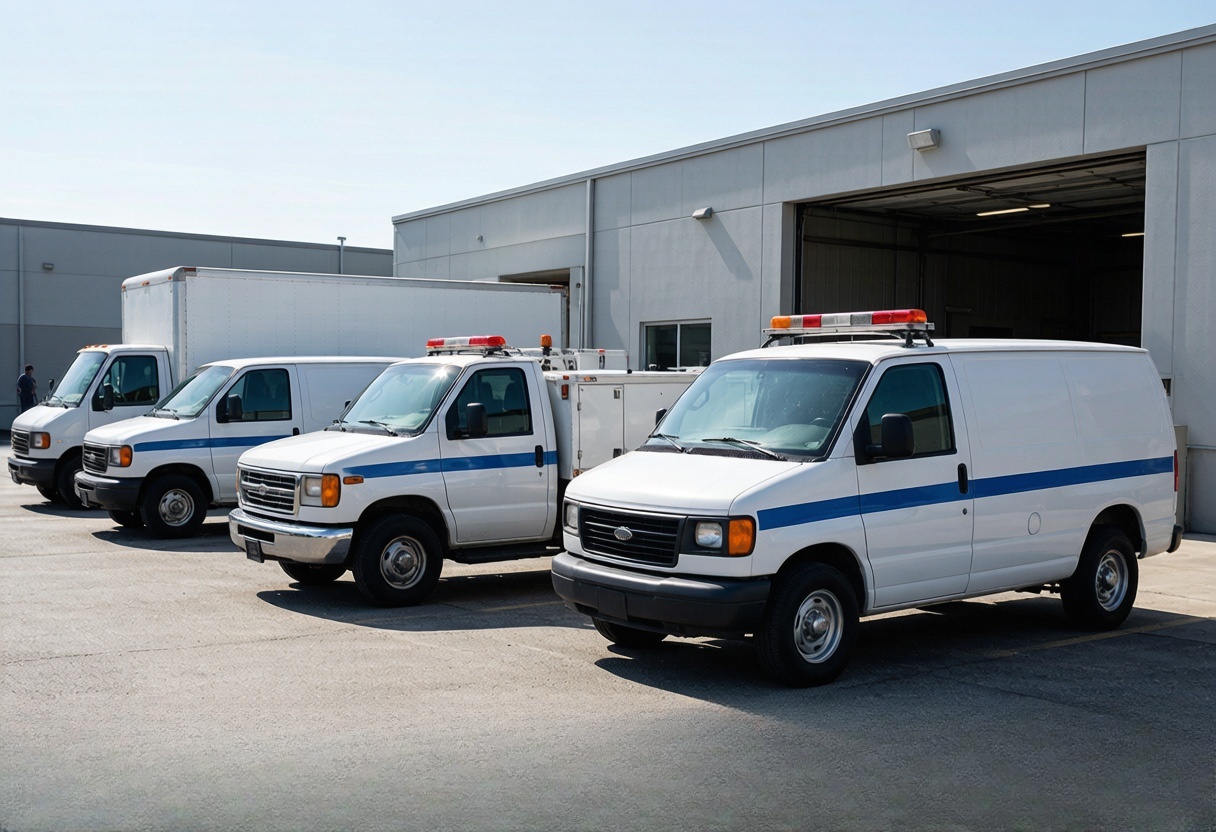 White service vans parked outside a municipal building