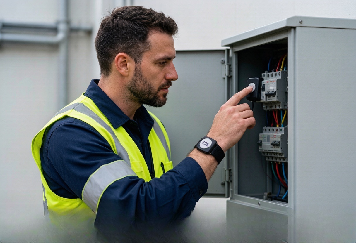 Technician examining an open electrical cabinet