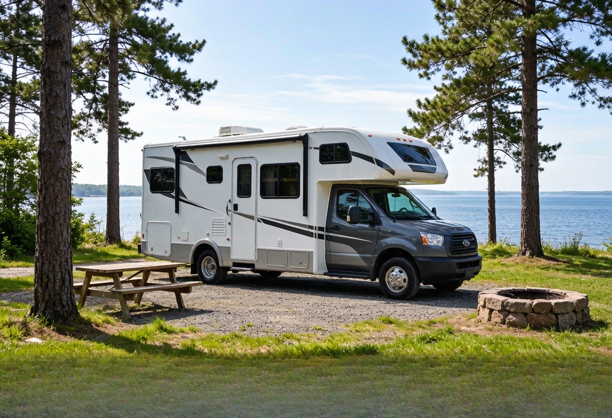 RV parked beside a lakeside campsite