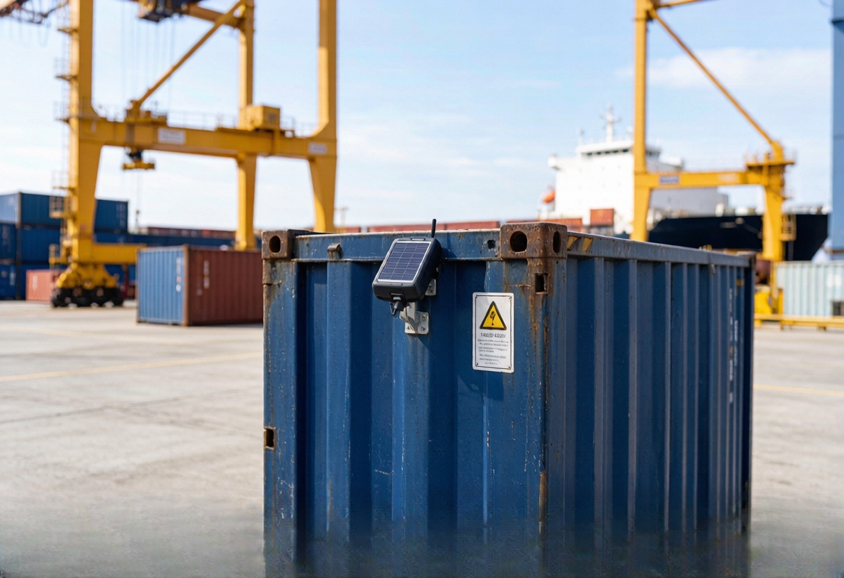 Solar device mounted on a blue shipping container