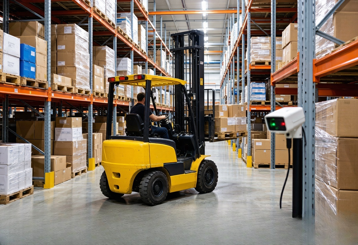 Forklift carrying pallets in a warehouse aisle