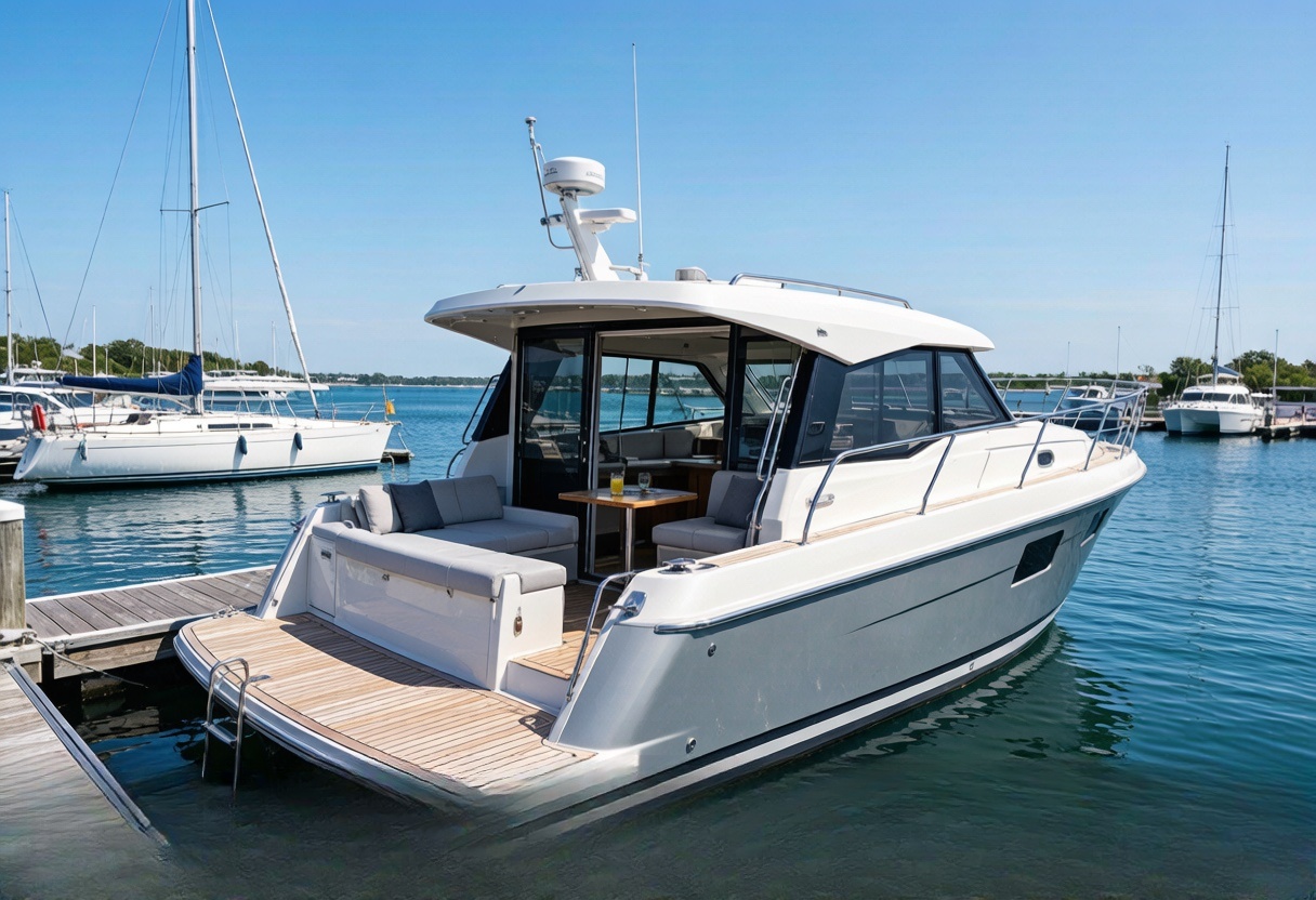 White motorboat moored at a marina dock