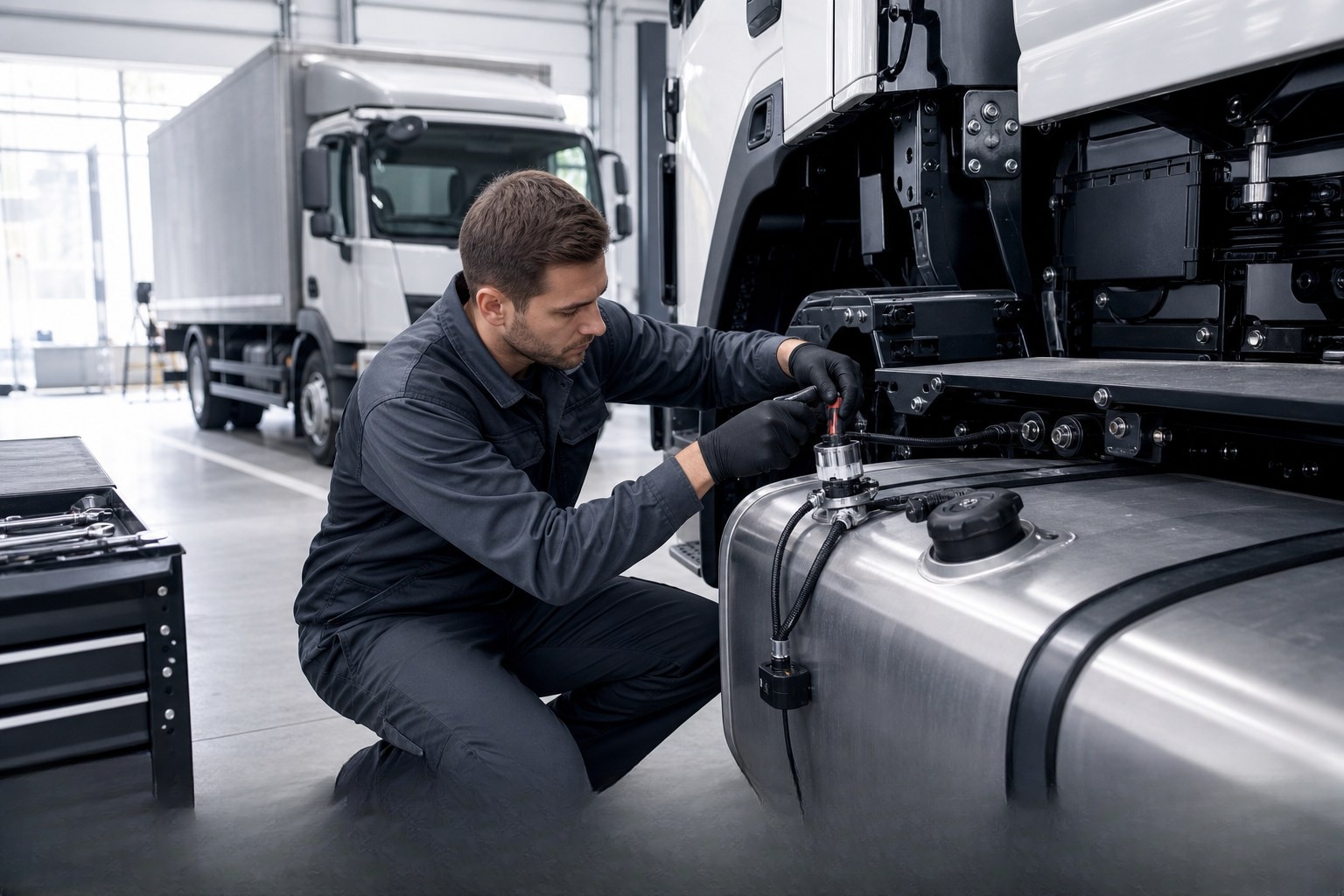 Technician checking truck GPS tracker hardware during installation