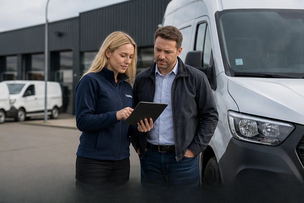 Fleet vehicle handover being reviewed beside a van