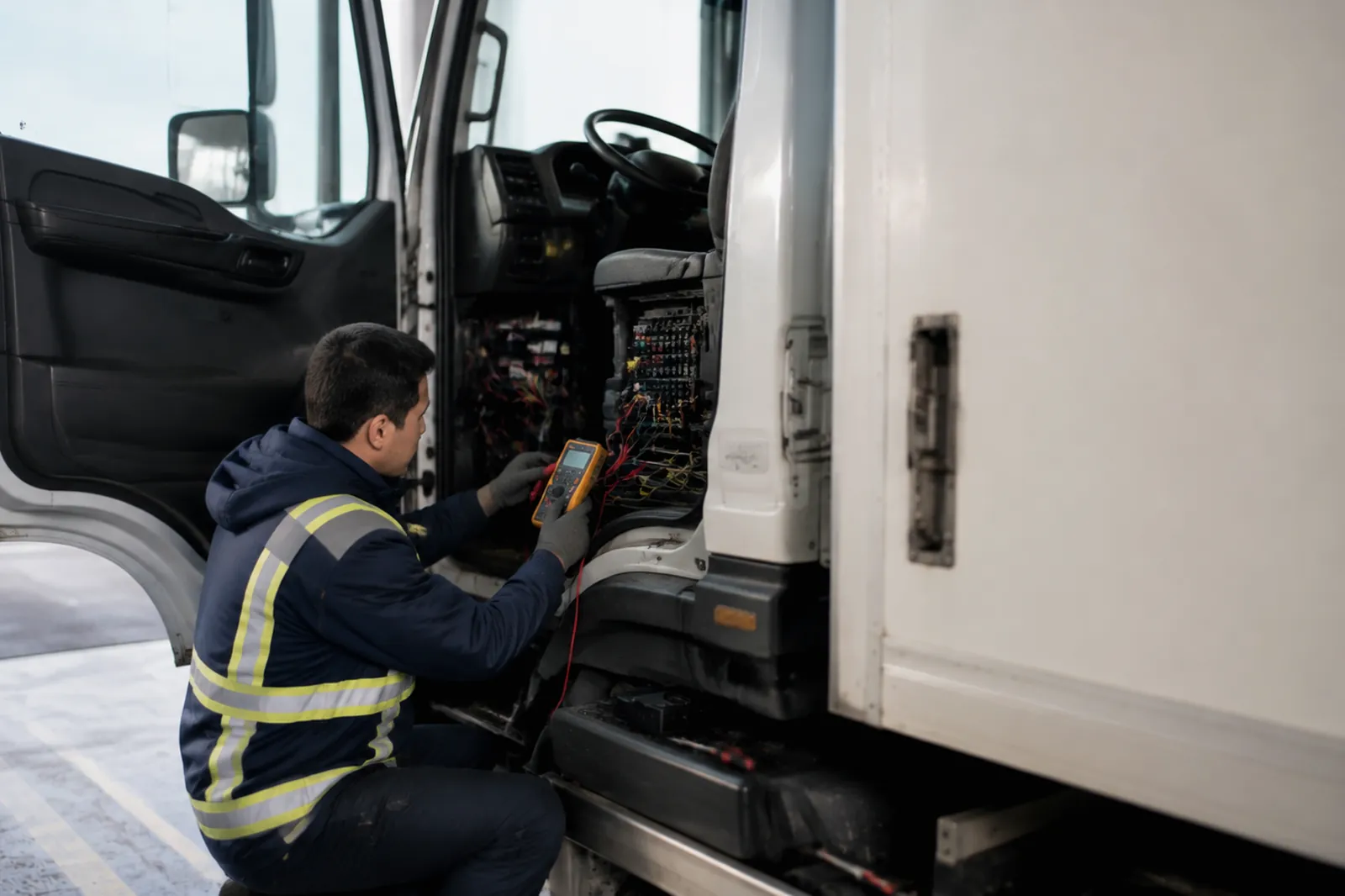 Technician checking the cab wiring harness with callouts for routing and power tap