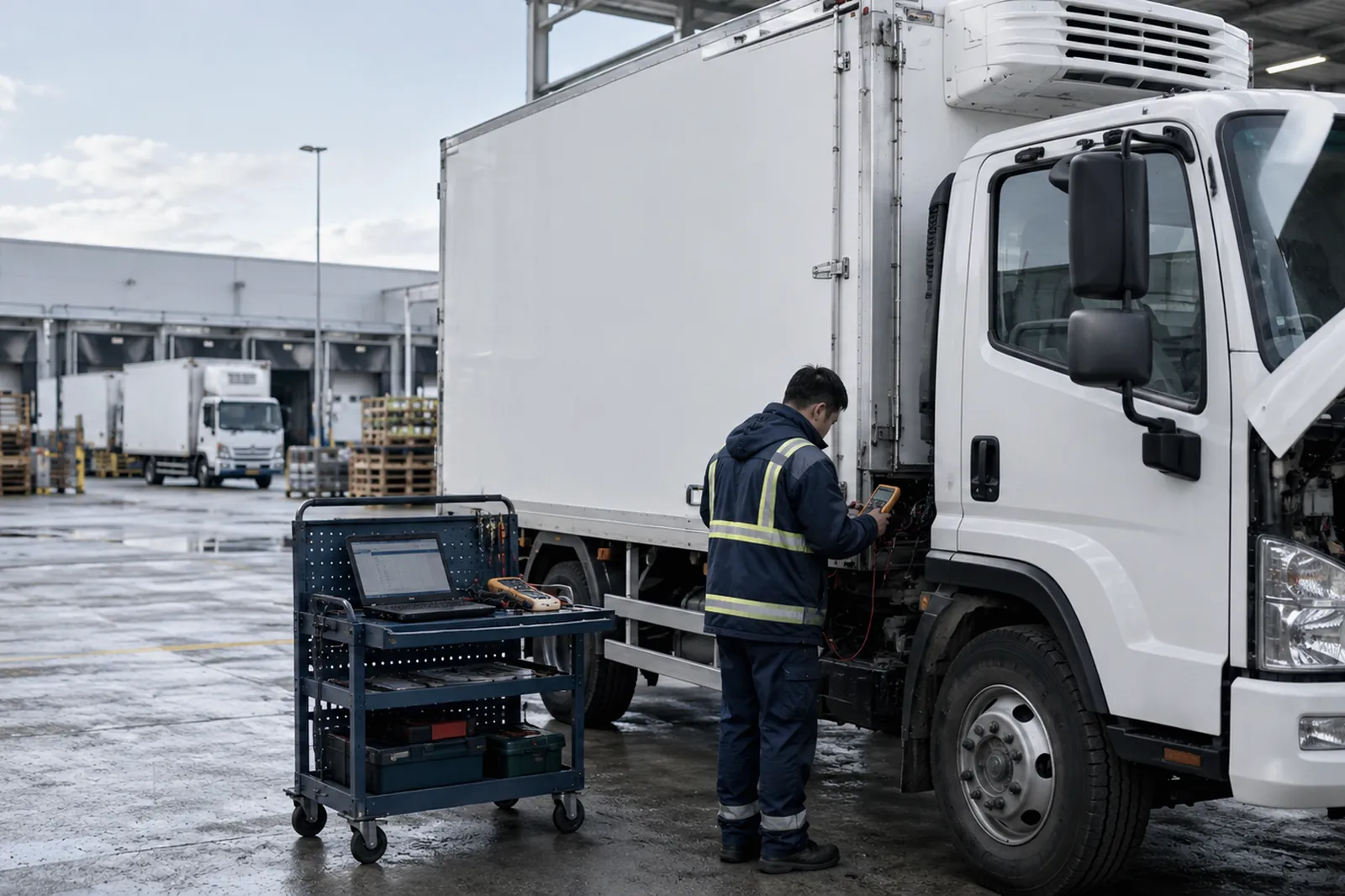 Technician checking sample data on a laptop beside the refrigerated truck
