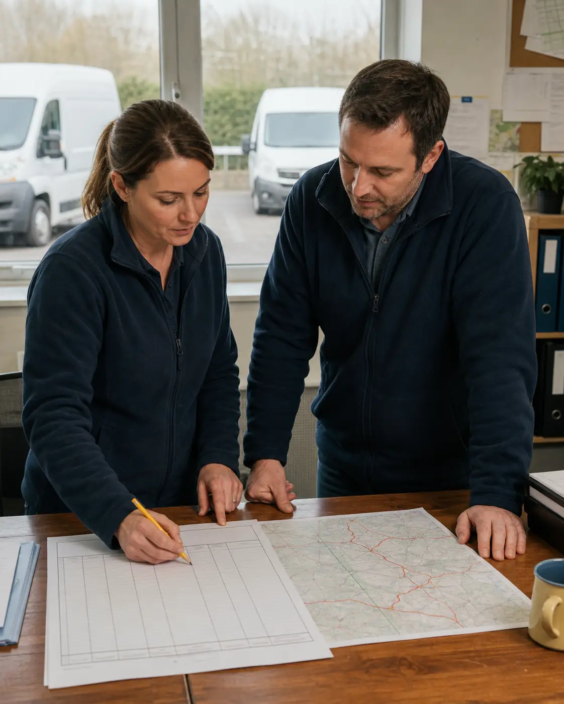 Delivery operations colleagues reviewing a route brief during a fleet workflow check
