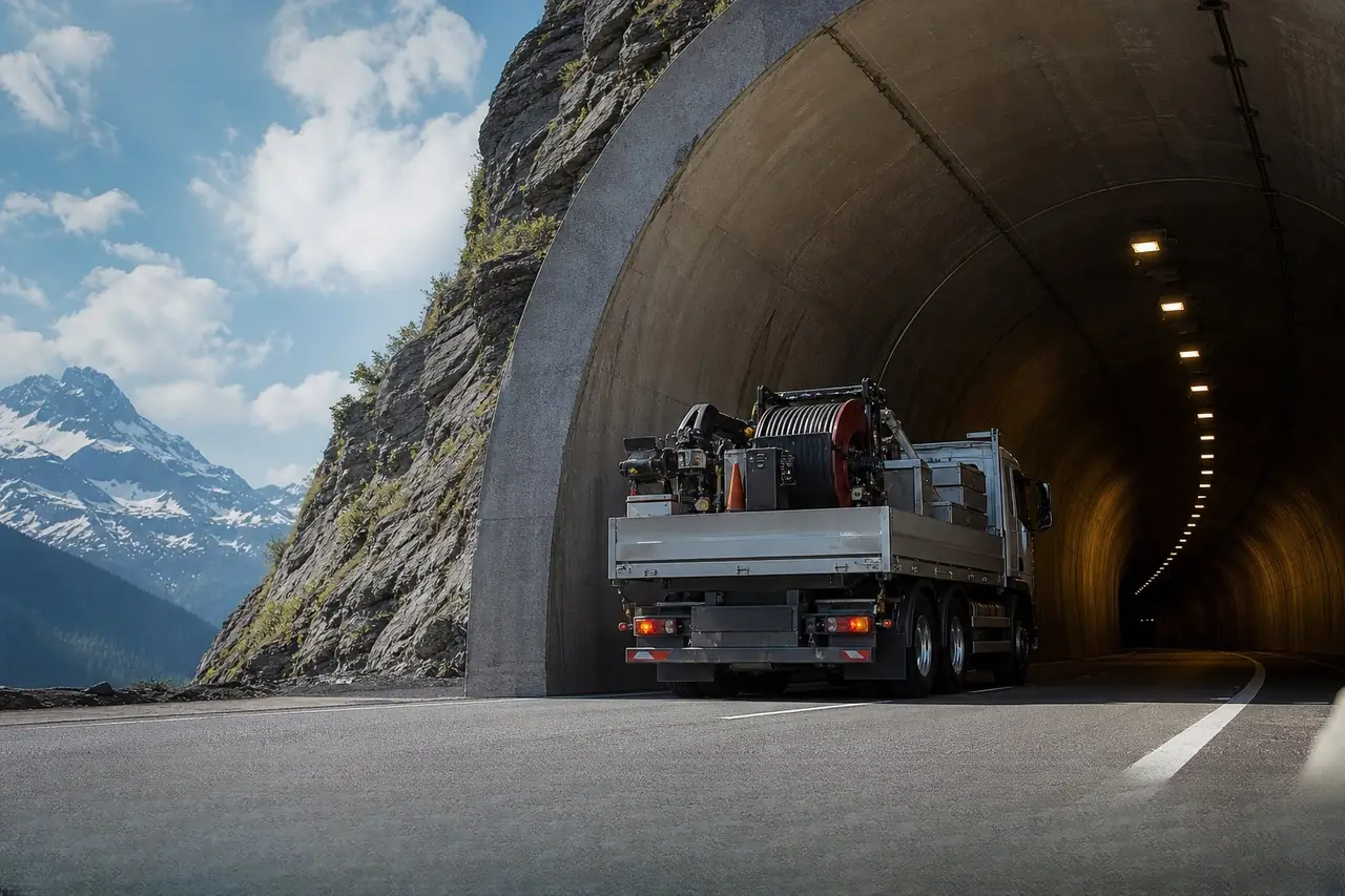 Commercial truck on a mountain road representing connected fleets
