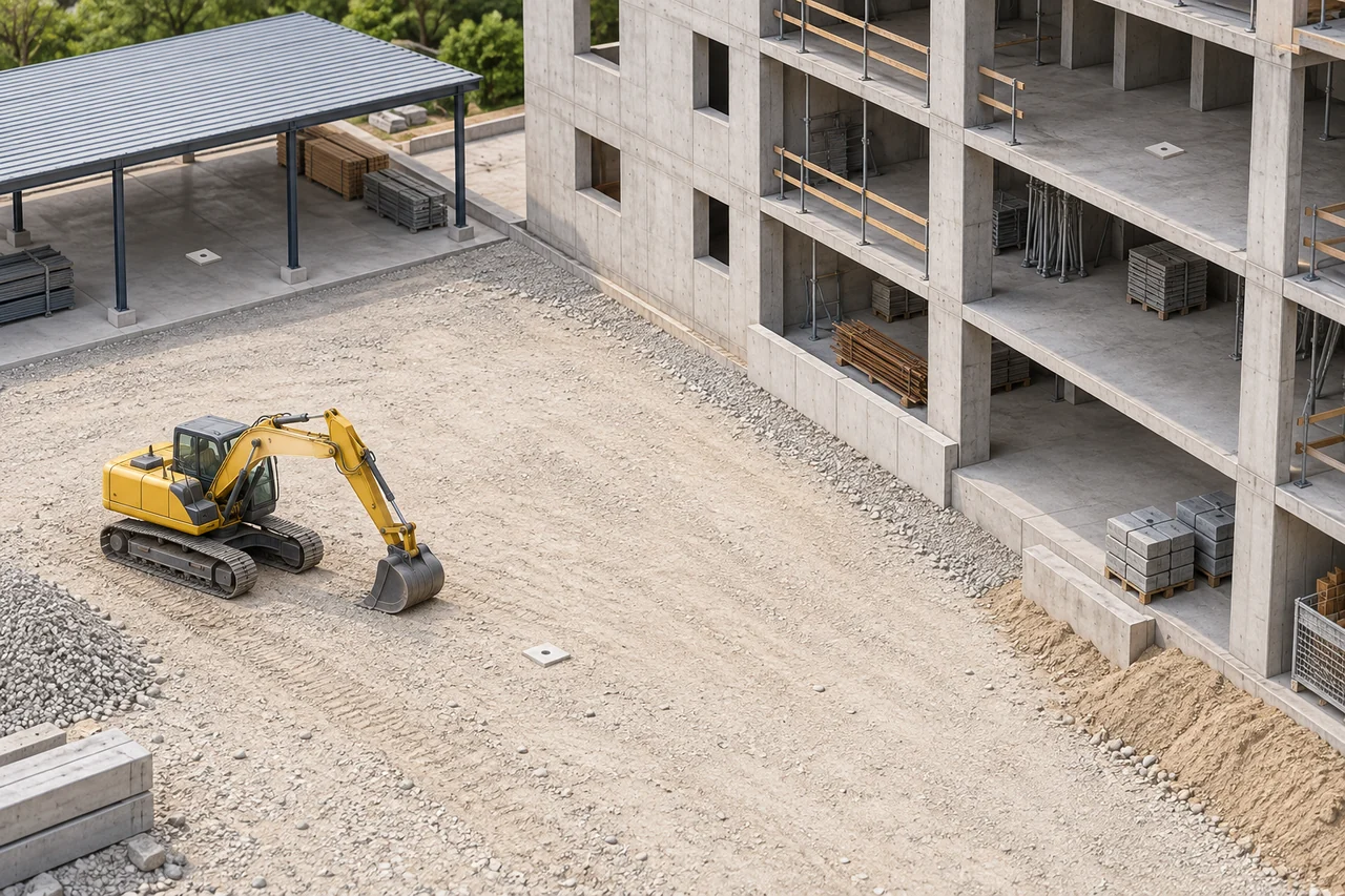 Illustration of an excavator across open sky, a building edge and a covered parking area