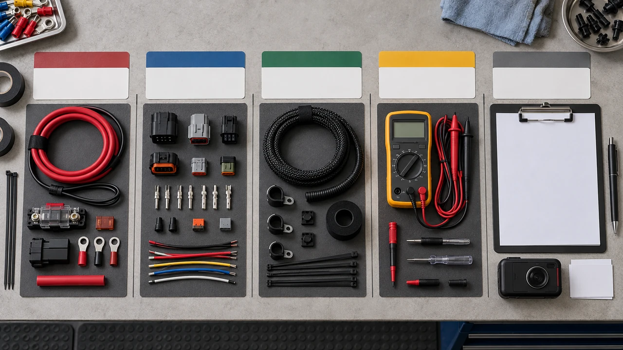 Conceptual commissioning board separating power, interface, routing, configuration and evidence checkpoints