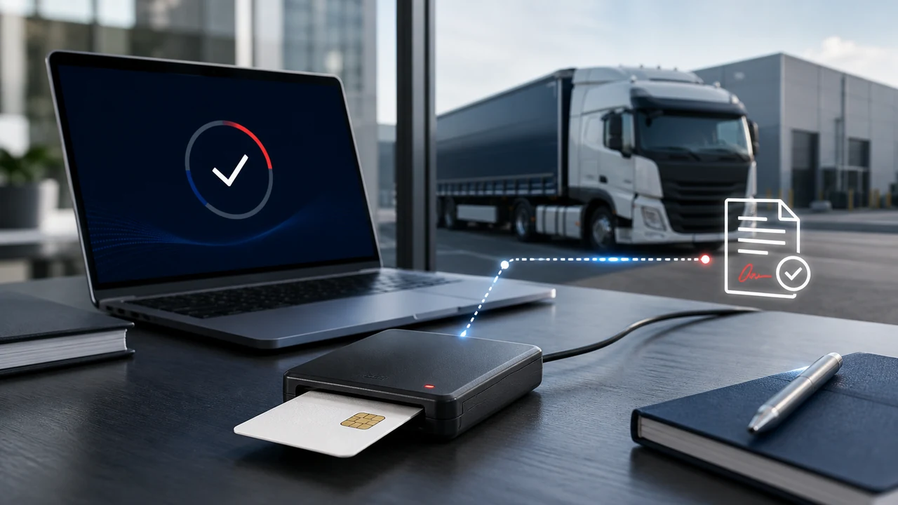 Laptop beside a card reader and smart card, with a truck and document symbol in the background