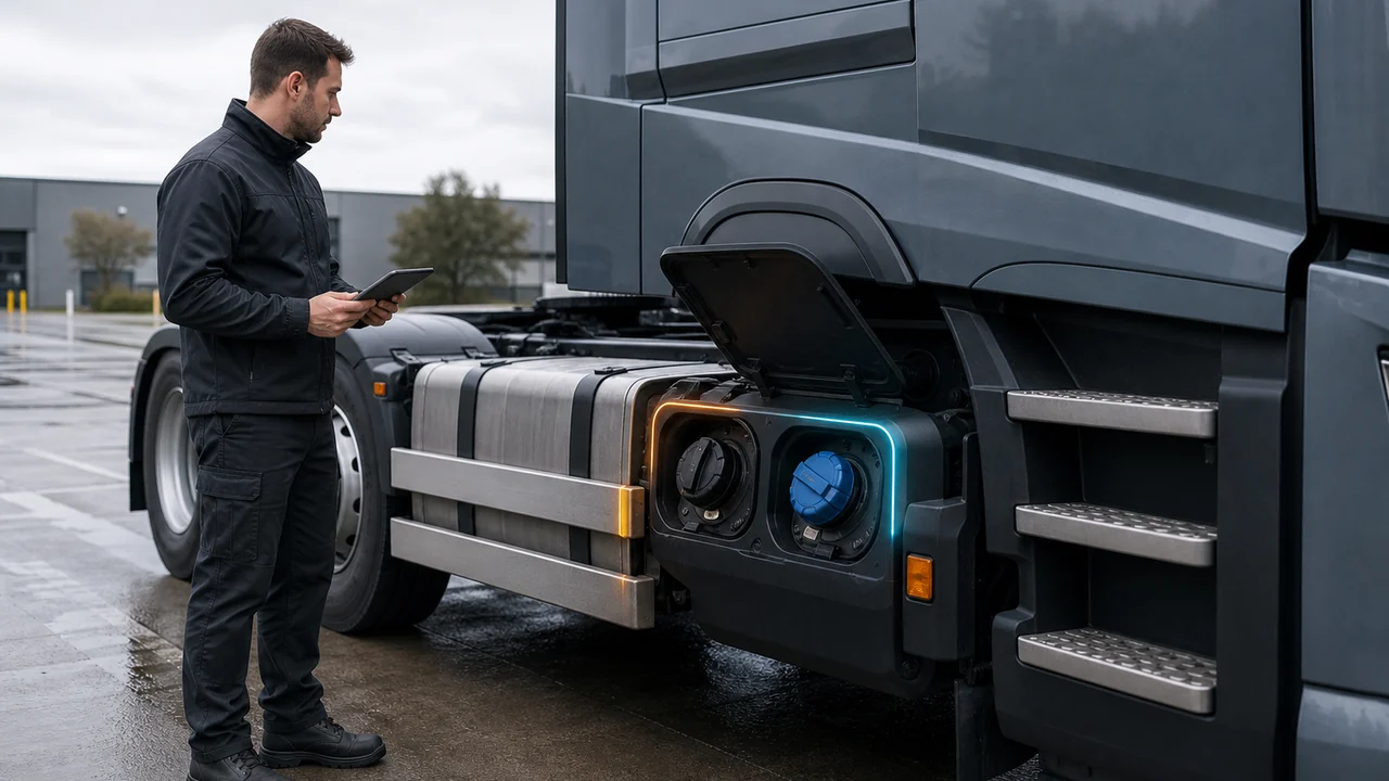 Technician with an unbranded tablet inspecting an HGV fuel and AdBlue tank area at an outdoor depot